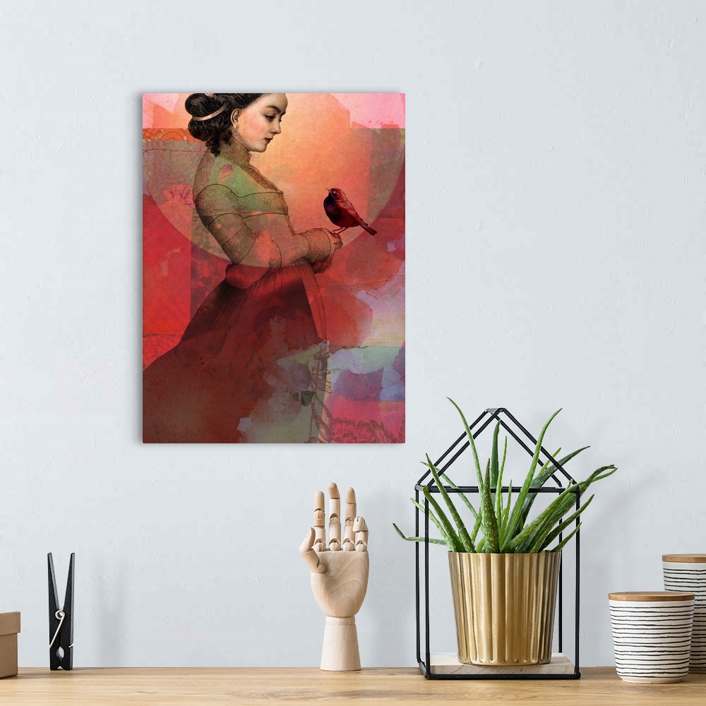 A bohemian room featuring A digital composite of a female holding a bird with shades of red overlay.