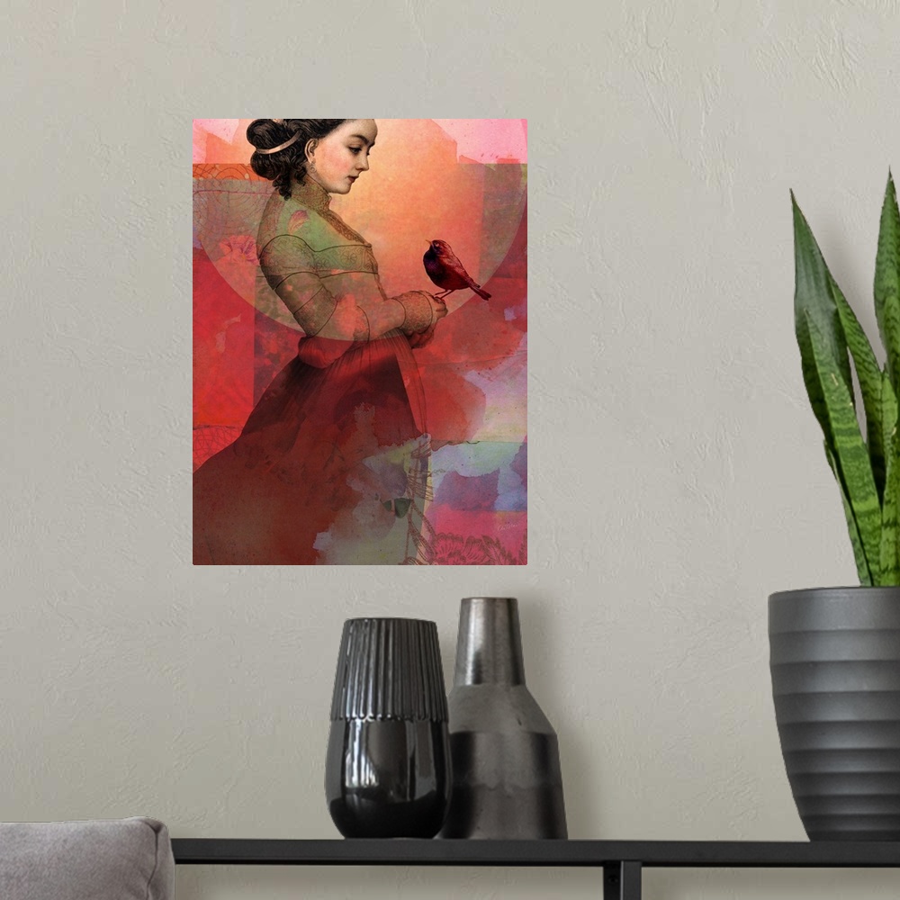 A modern room featuring A digital composite of a female holding a bird with shades of red overlay.