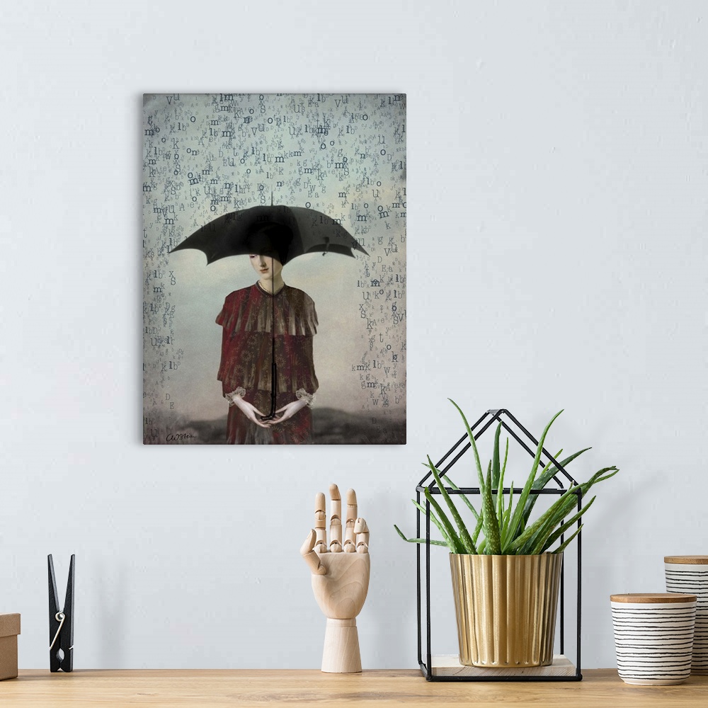 A bohemian room featuring A digital illustration of a female under an umbrella, being showered by letters.
