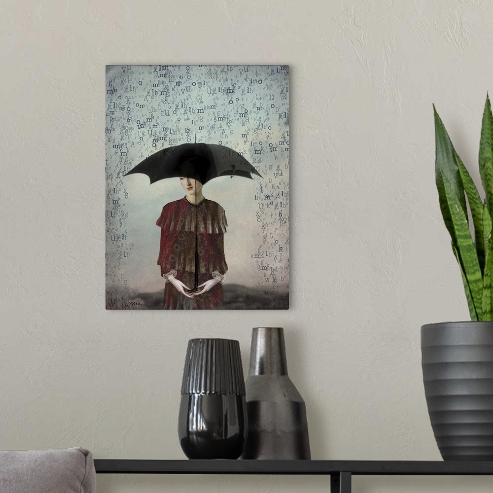 A modern room featuring A digital illustration of a female under an umbrella, being showered by letters.