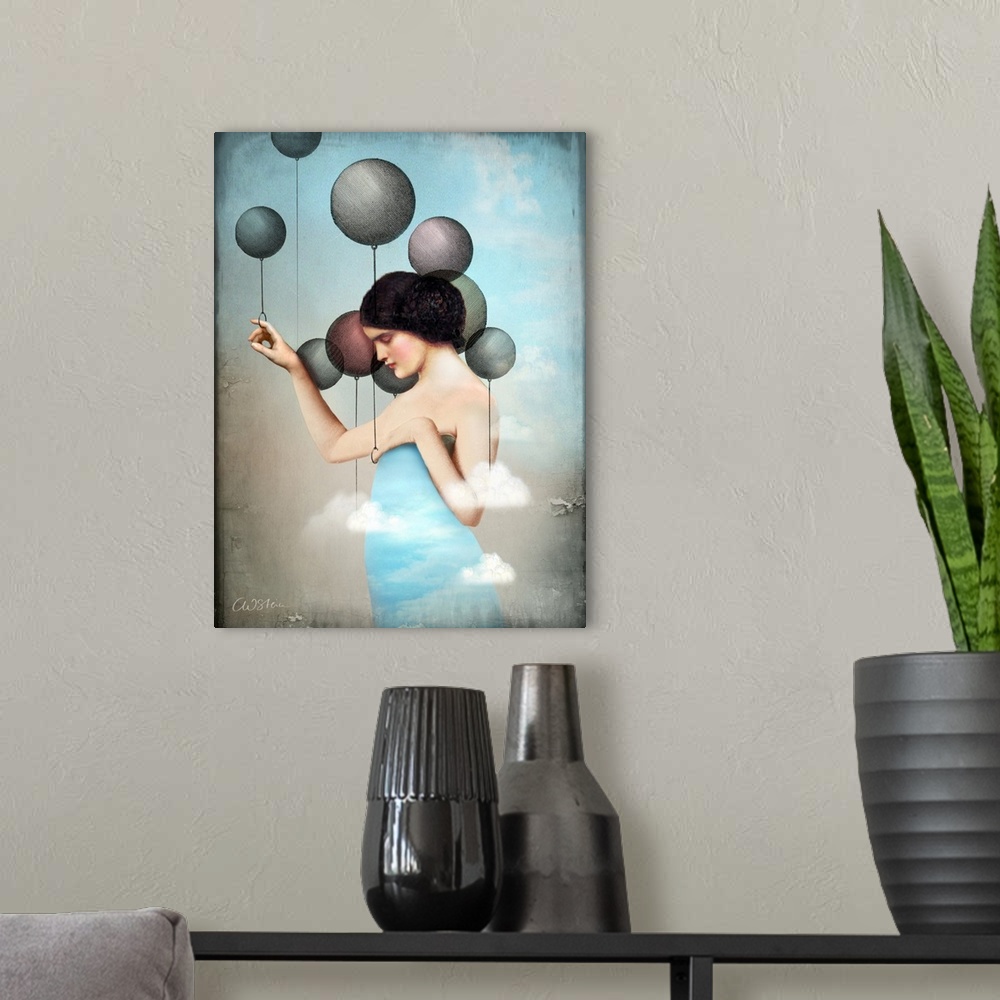A modern room featuring A woman with a dress made of a blue sky is holding onto some balloons.