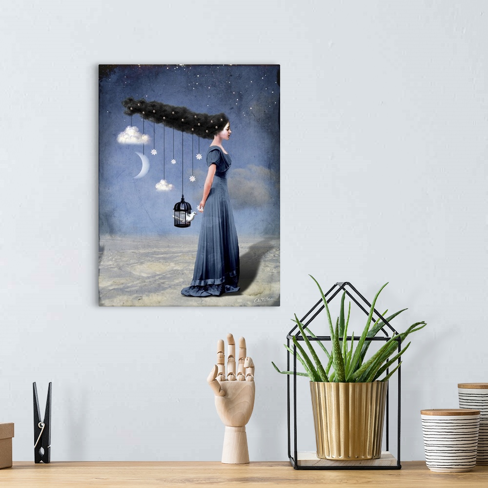 A bohemian room featuring A lady in blue has clouds, moon and stars hanging from her hair.  A cage with a white bird is als...
