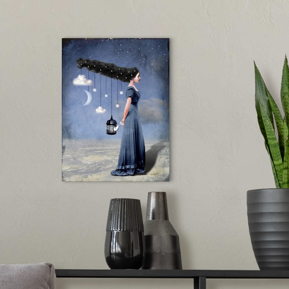 A modern room featuring A lady in blue has clouds, moon and stars hanging from her hair.  A cage with a white bird is als...
