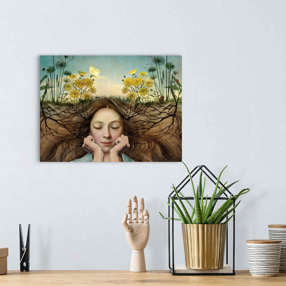 A bohemian room featuring A horizontal composite of a female with wild flowers growing from her hair.