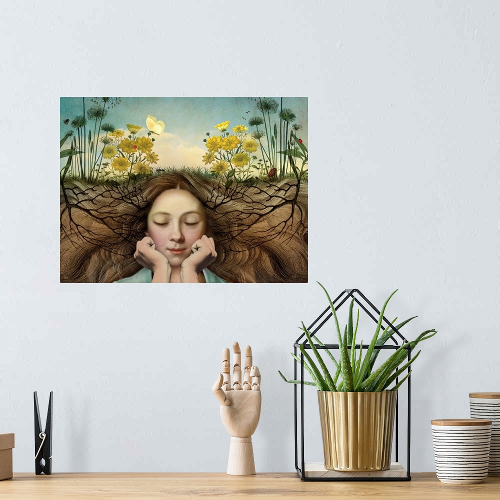 A bohemian room featuring A horizontal composite of a female with wild flowers growing from her hair.