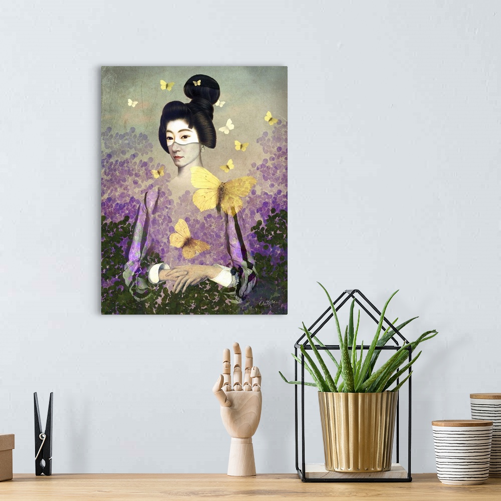 A bohemian room featuring A composite image of a madame butterfly, with beautiful yellow butterflies surrounding the woman.