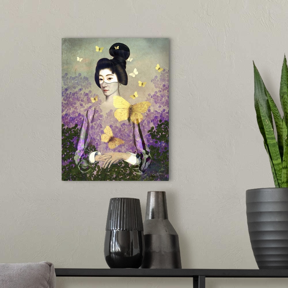 A modern room featuring A composite image of a madame butterfly, with beautiful yellow butterflies surrounding the woman.