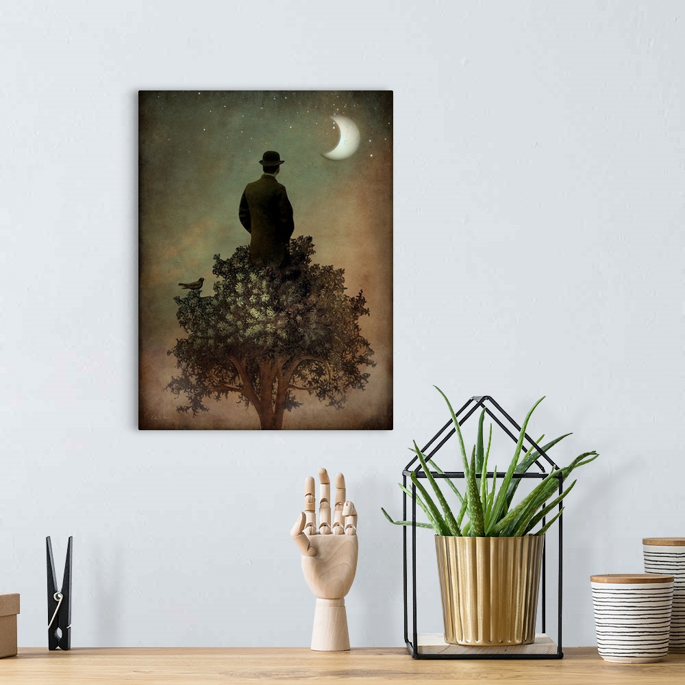 A bohemian room featuring A man standing on the top of a tree looking out at the moon.