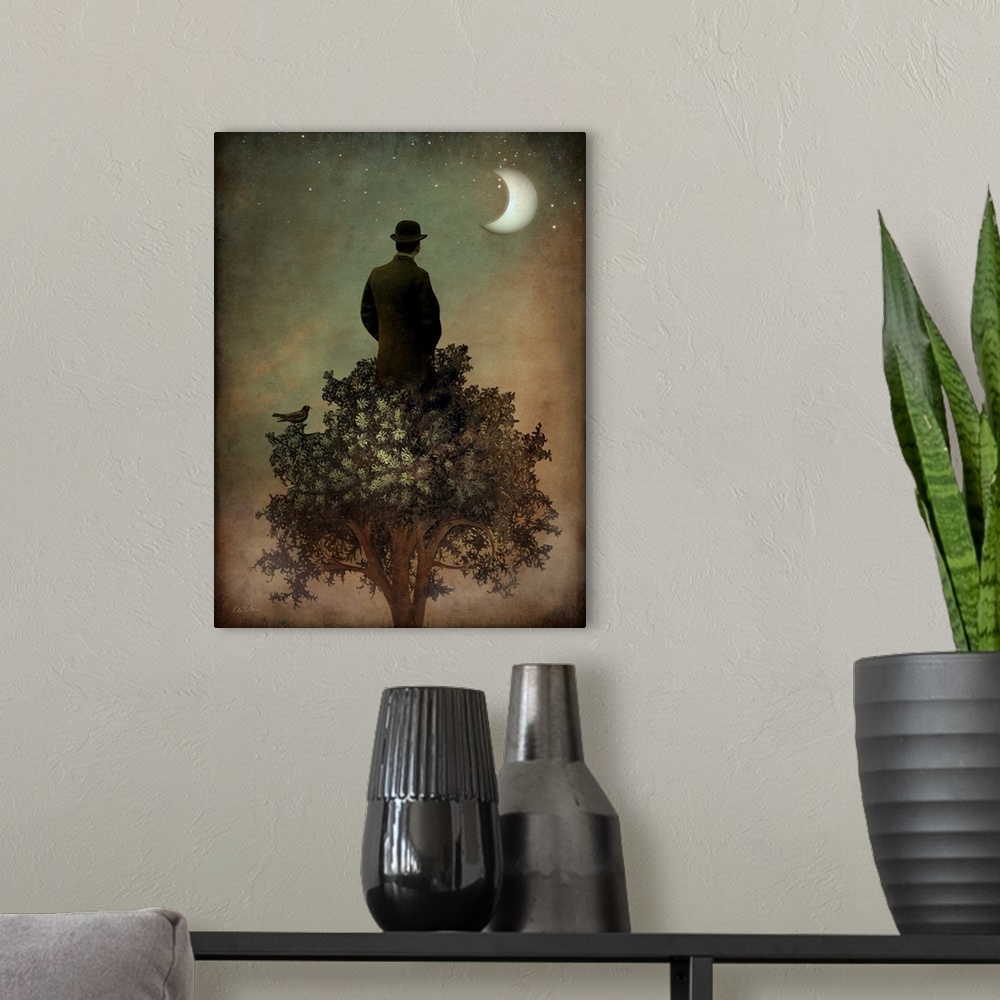 A modern room featuring A man standing on the top of a tree looking out at the moon.