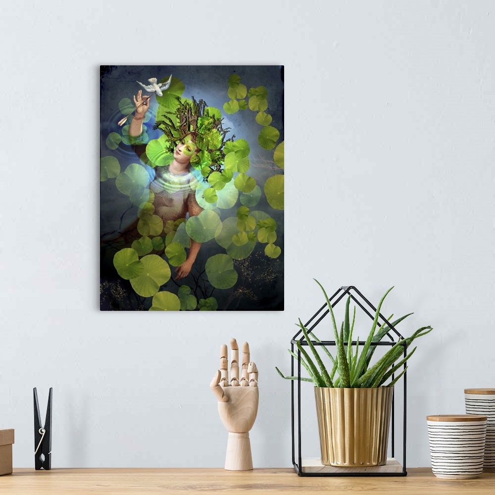 A bohemian room featuring A woman emerging from a pond full of lily pads, with an arrow piercing a bird in her hand.