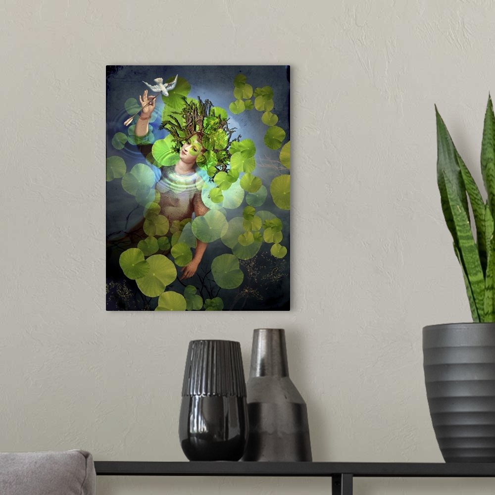 A modern room featuring A woman emerging from a pond full of lily pads, with an arrow piercing a bird in her hand.