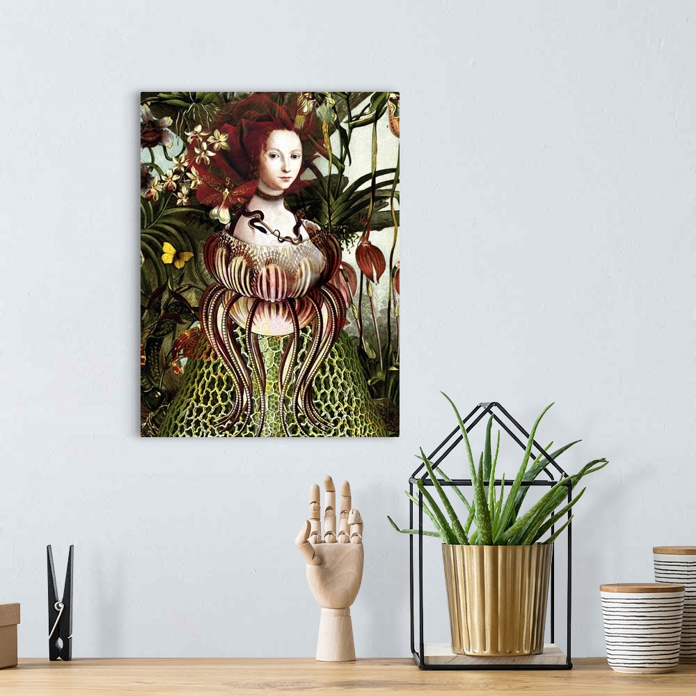 A bohemian room featuring A woman with a red rose for hair and a snake around her neck, emerging from a flower in a garden.