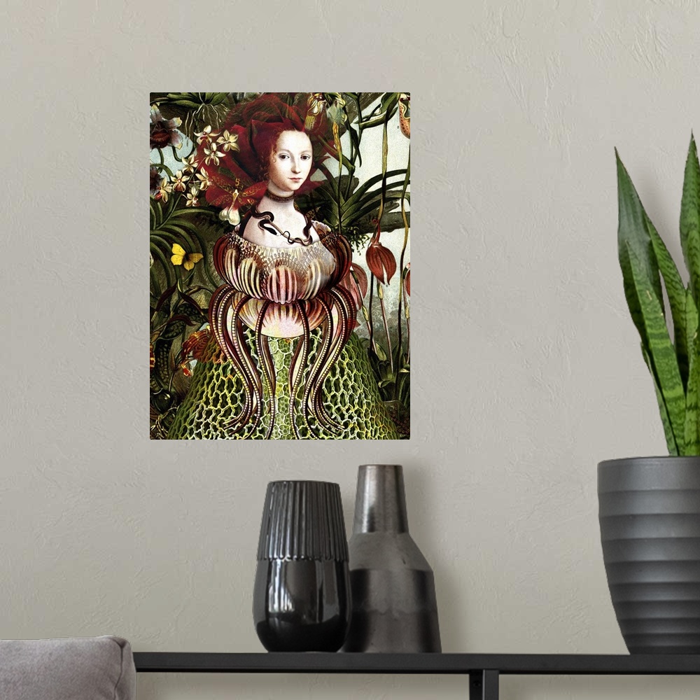 A modern room featuring A woman with a red rose for hair and a snake around her neck, emerging from a flower in a garden.