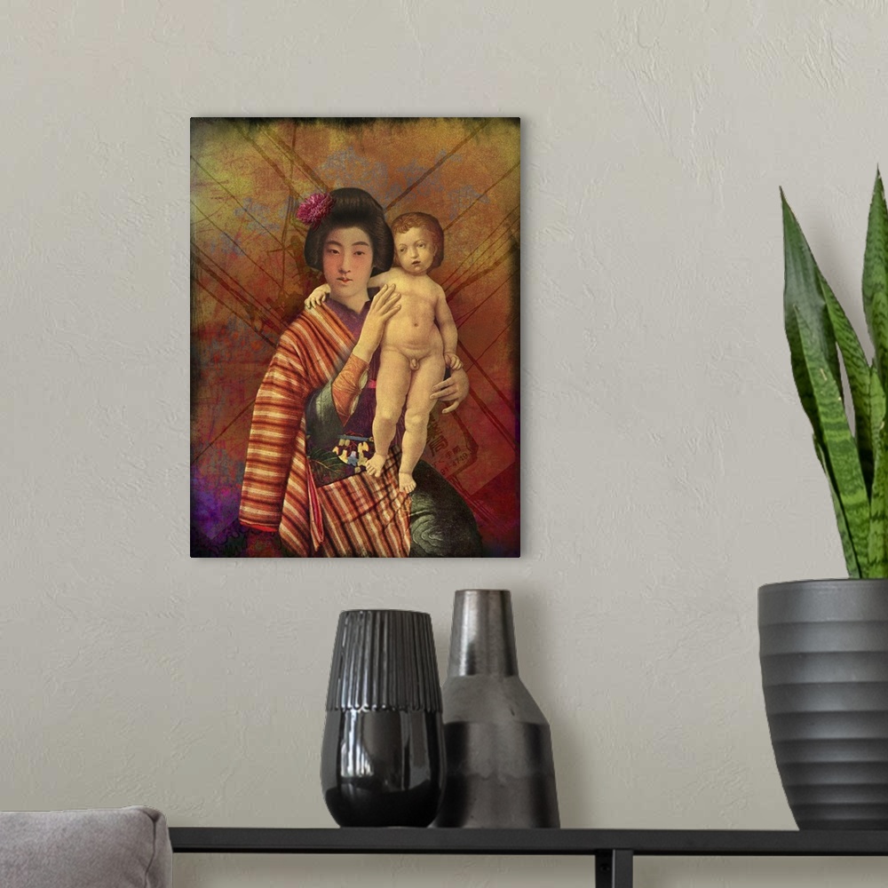 A modern room featuring A conceptual portrait of Mother and Son.