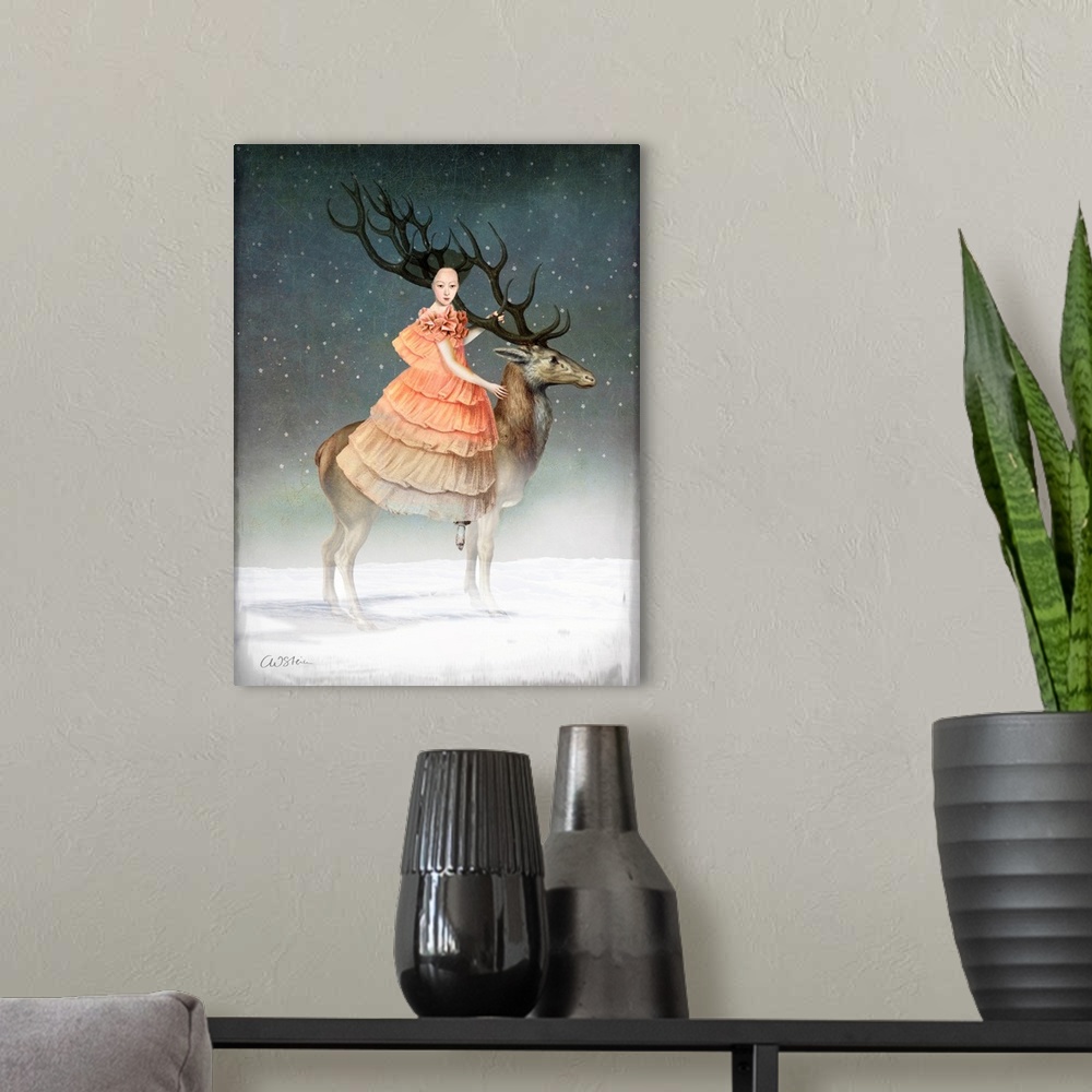 A modern room featuring A woman in a peach dress and antlers on her head is riding a large stag in the snow.