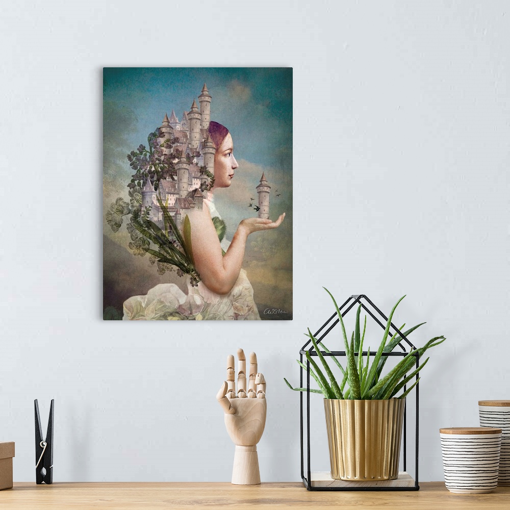 A bohemian room featuring A lady has a castle coming out of her hand and back with a cloudy background.