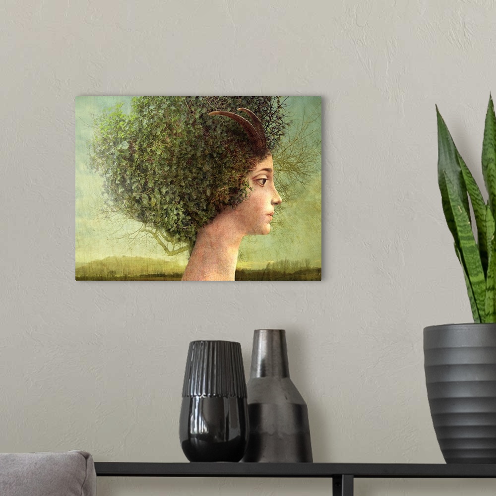 A modern room featuring A profile of a young woman who has a tree for hair.