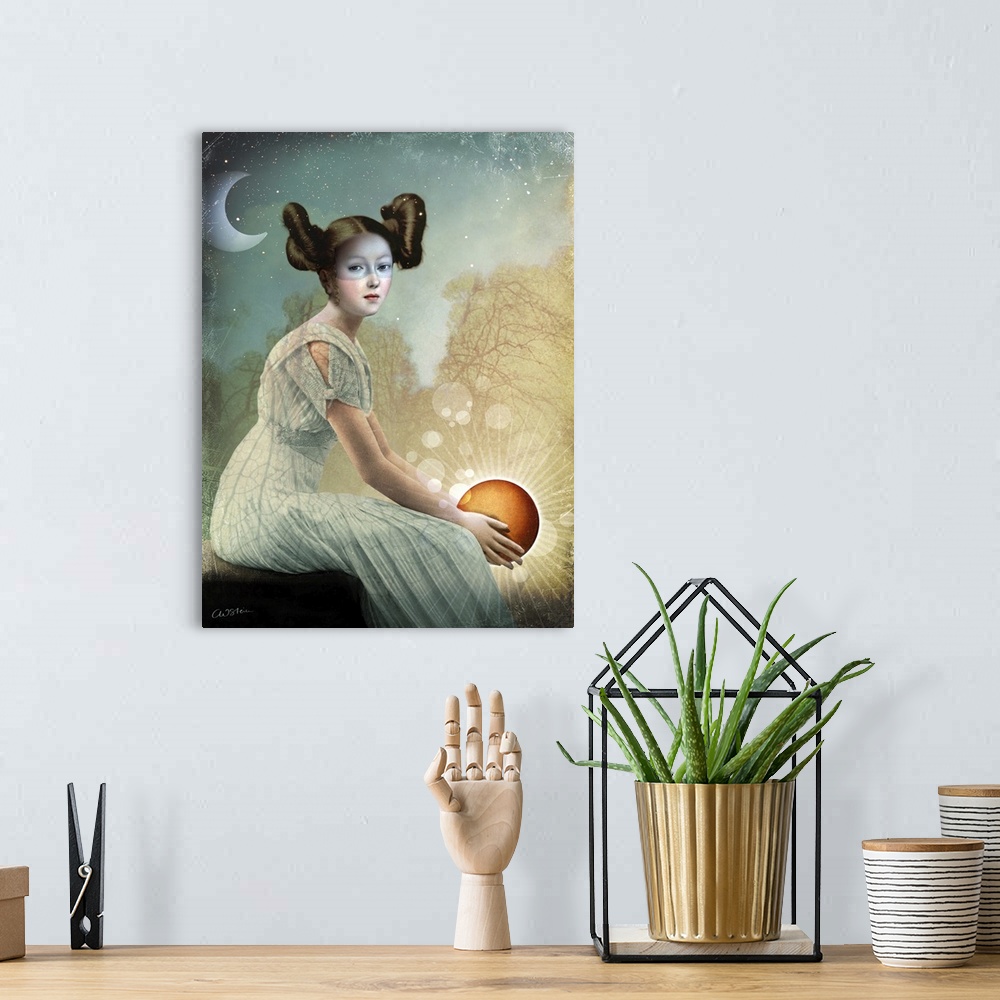 A bohemian room featuring A young lady in a white dress is holding the sun in her hands as the crescent moon is shining beh...