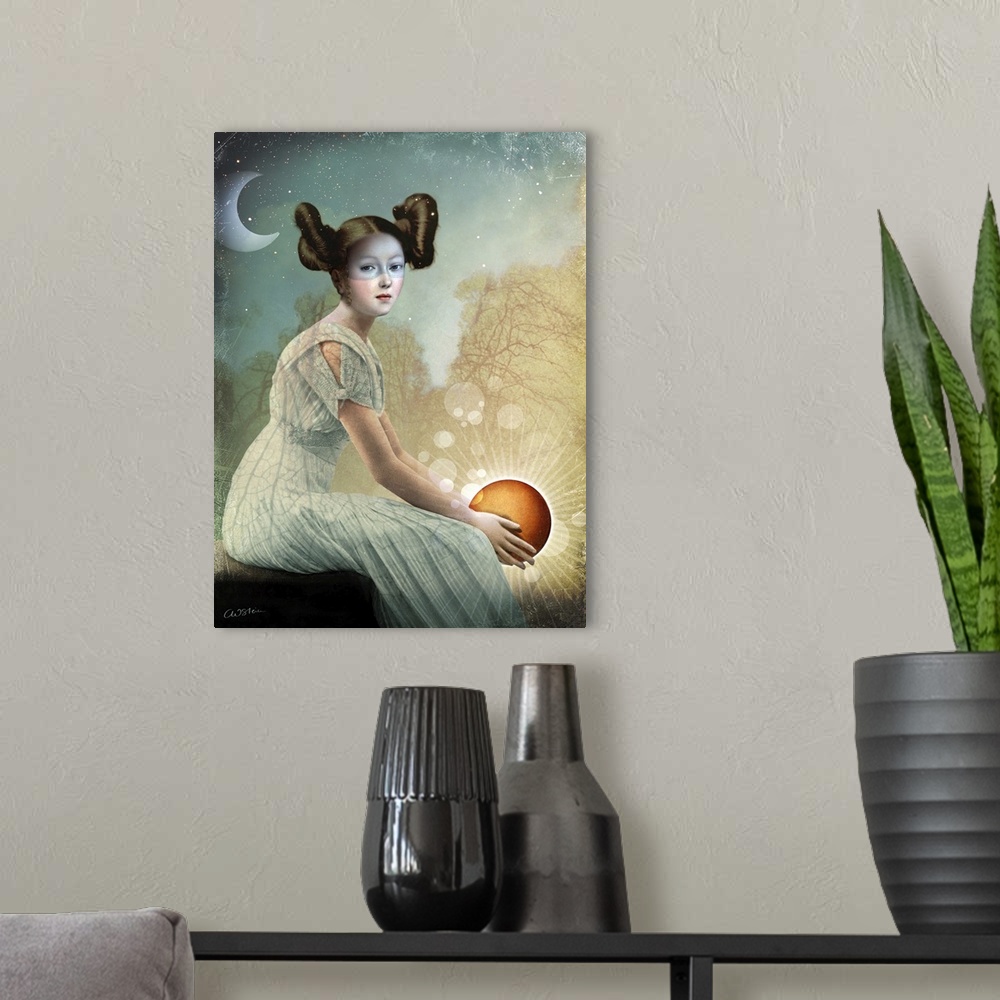 A modern room featuring A young lady in a white dress is holding the sun in her hands as the crescent moon is shining beh...