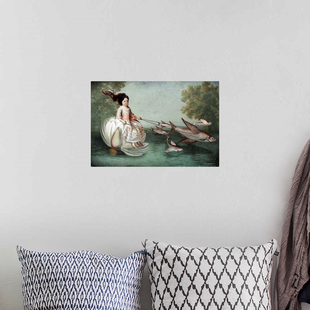 A bohemian room featuring A conceptual artwork of a small girl riding a flower being pulled by fish with wings.