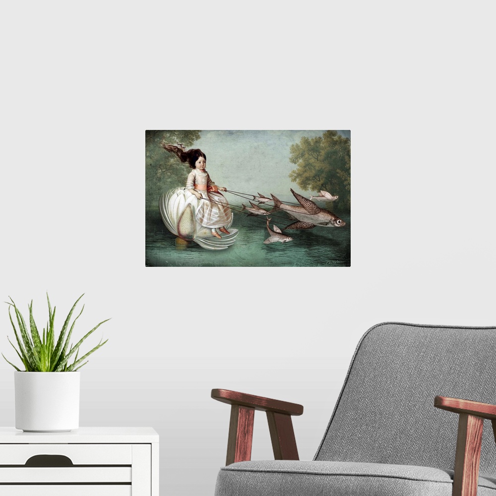 A modern room featuring A conceptual artwork of a small girl riding a flower being pulled by fish with wings.