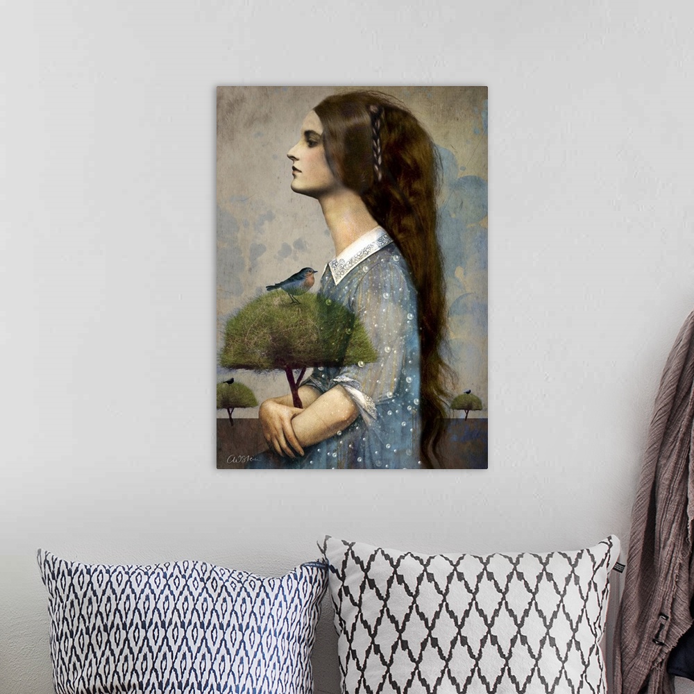 A bohemian room featuring A profile of a woman with long hair, holding a tree with a blue bird in it.