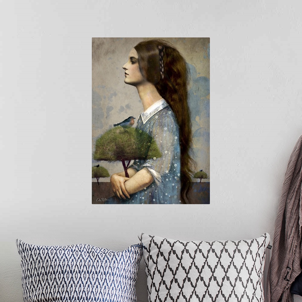 A bohemian room featuring A profile of a woman with long hair, holding a tree with a blue bird in it.