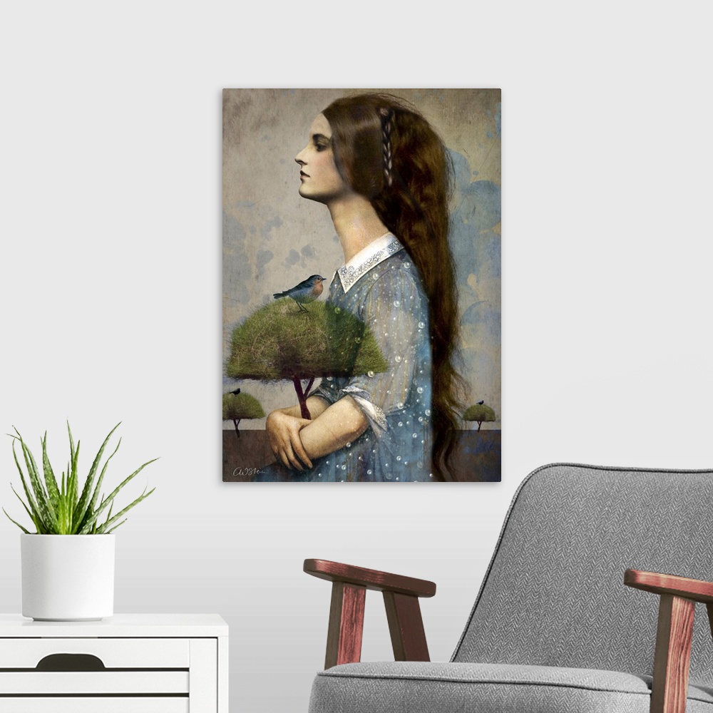 A modern room featuring A profile of a woman with long hair, holding a tree with a blue bird in it.