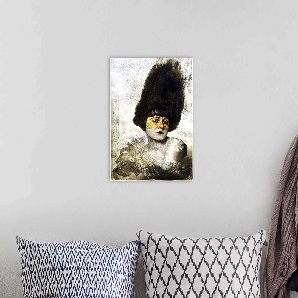 A bohemian room featuring A portrait of a woman wearing a mask with a textured overlay.