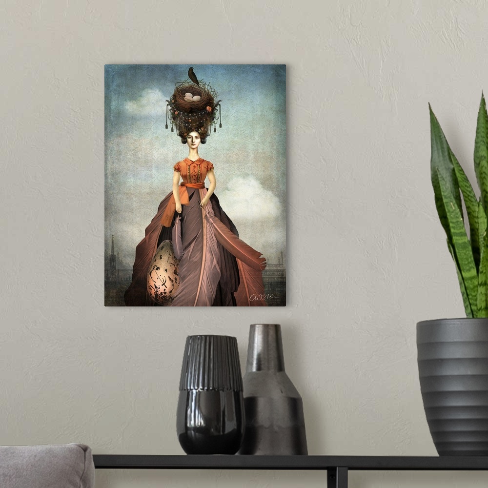 A modern room featuring A digital composite of a female wearing a dress made of feathers with a bird nest on her head.