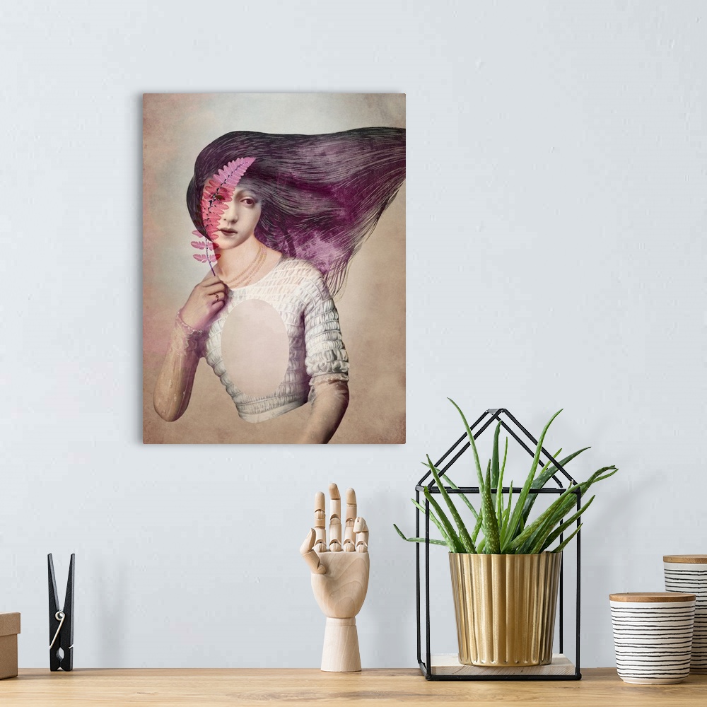 A bohemian room featuring A portrait of a woman with purple hair is holding a pink fern leaf to her face.