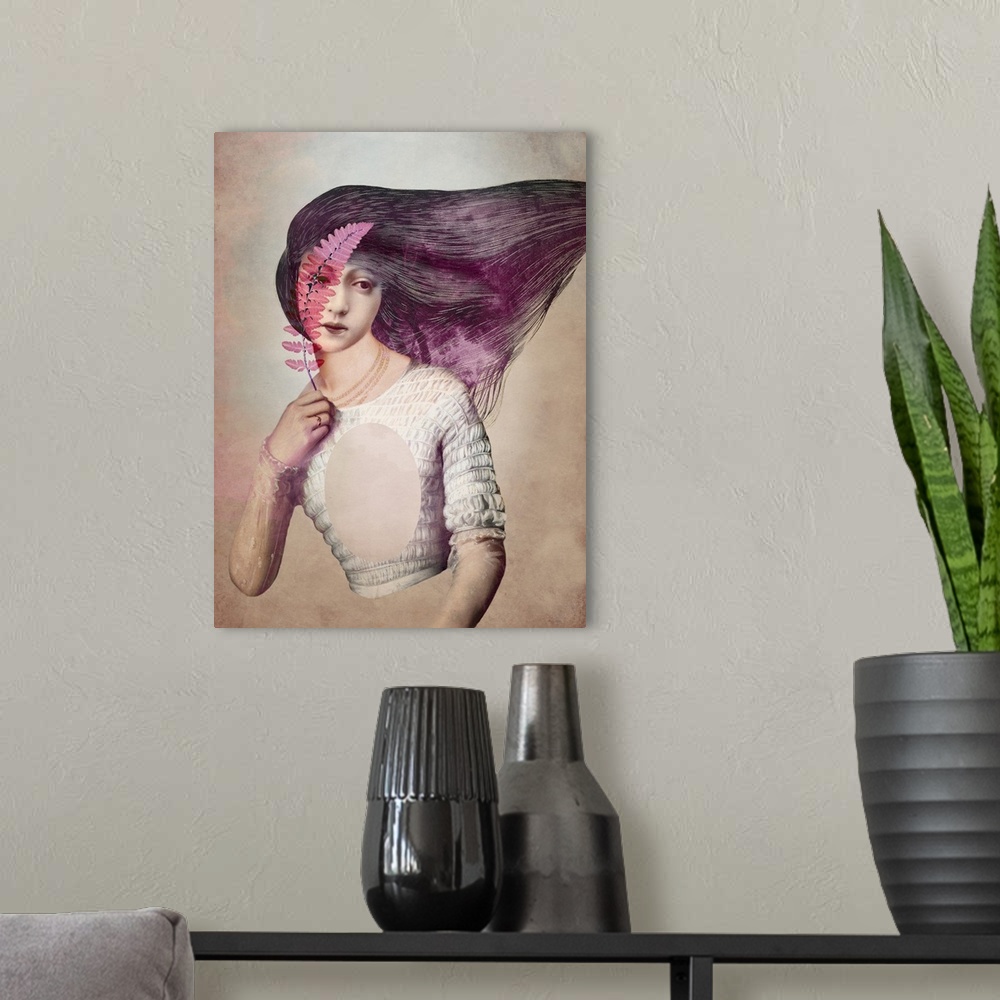 A modern room featuring A portrait of a woman with purple hair is holding a pink fern leaf to her face.