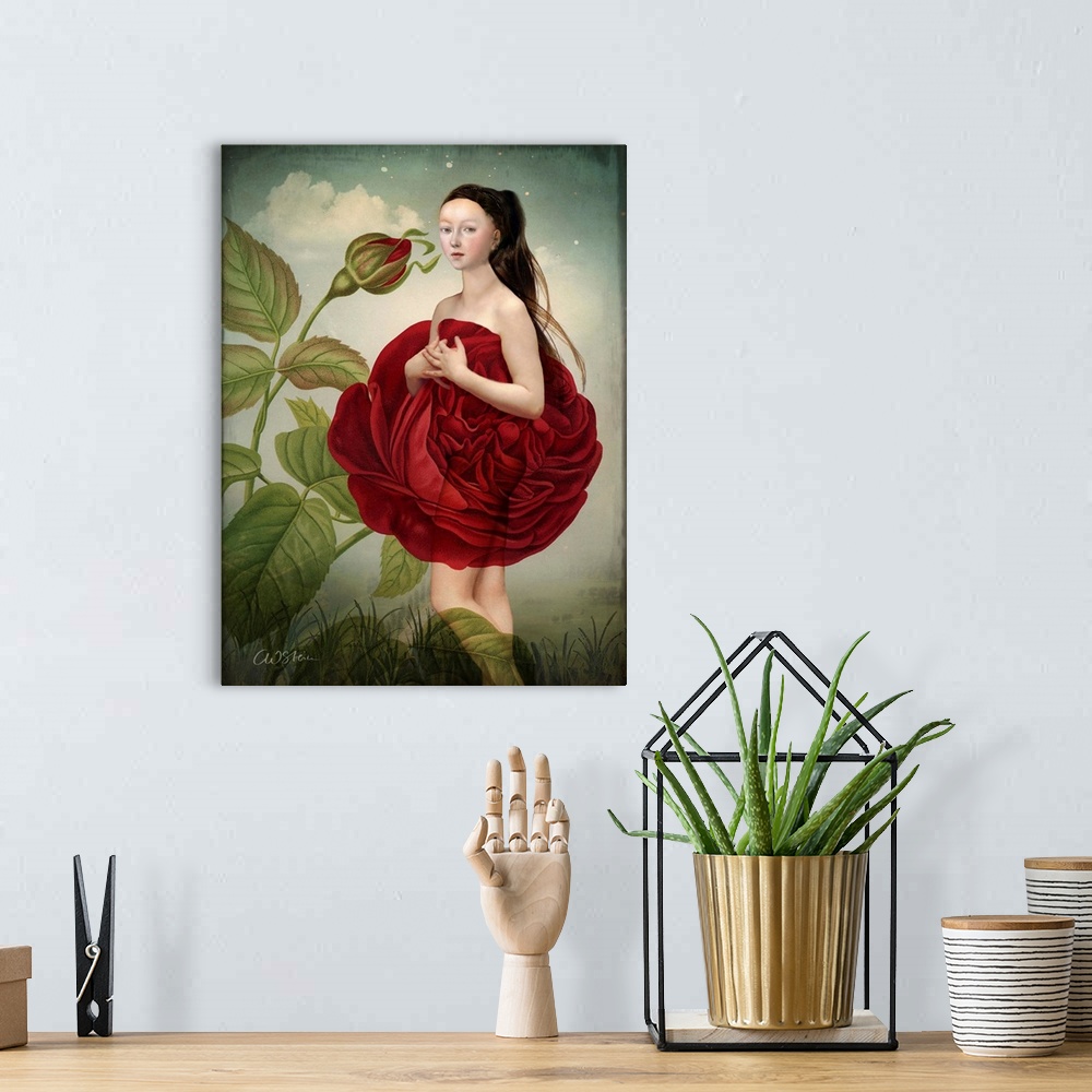 A bohemian room featuring A nude lady in the garden is covered by a large red rose.