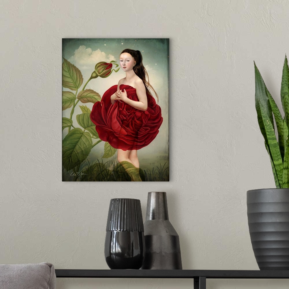 A modern room featuring A nude lady in the garden is covered by a large red rose.