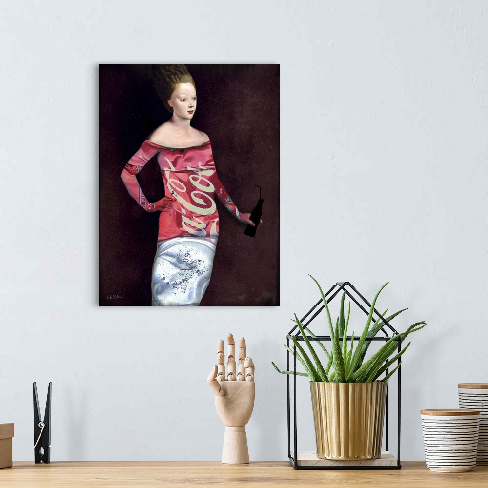 A bohemian room featuring A portrait of a lady holding a glass bottle drink while dressed in a stylish outfit made of a sof...