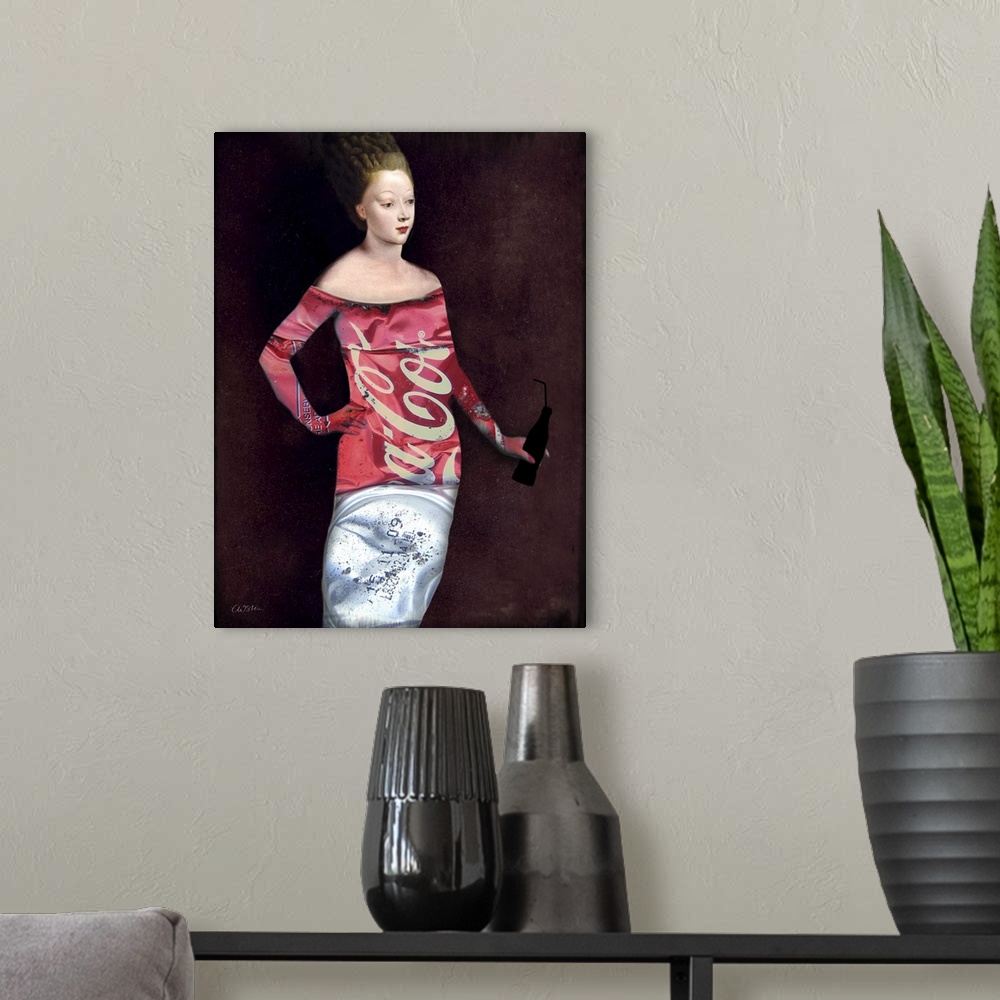 A modern room featuring A portrait of a lady holding a glass bottle drink while dressed in a stylish outfit made of a sof...