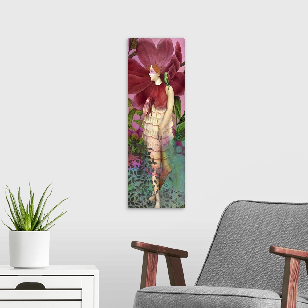 A modern room featuring Long vertical image of a woman with a red flower surrounding her head, walking through a garden w...