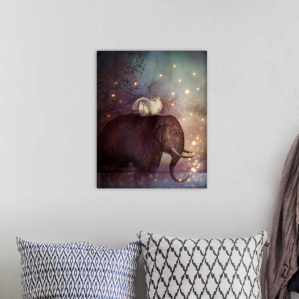 A bohemian room featuring An elephant, standing in a small pond of water on a starry night, has a pair of white owls perche...