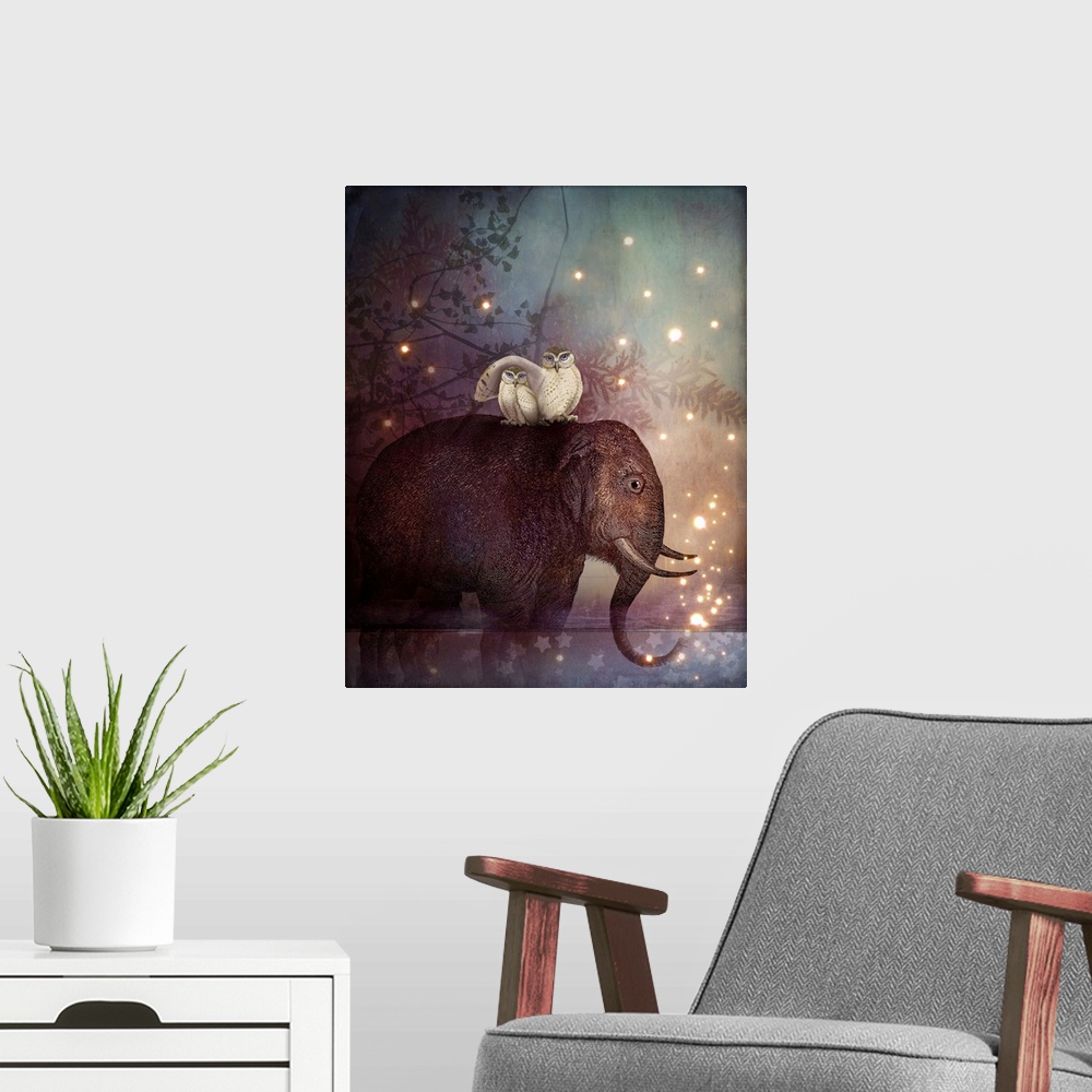 A modern room featuring An elephant, standing in a small pond of water on a starry night, has a pair of white owls perche...