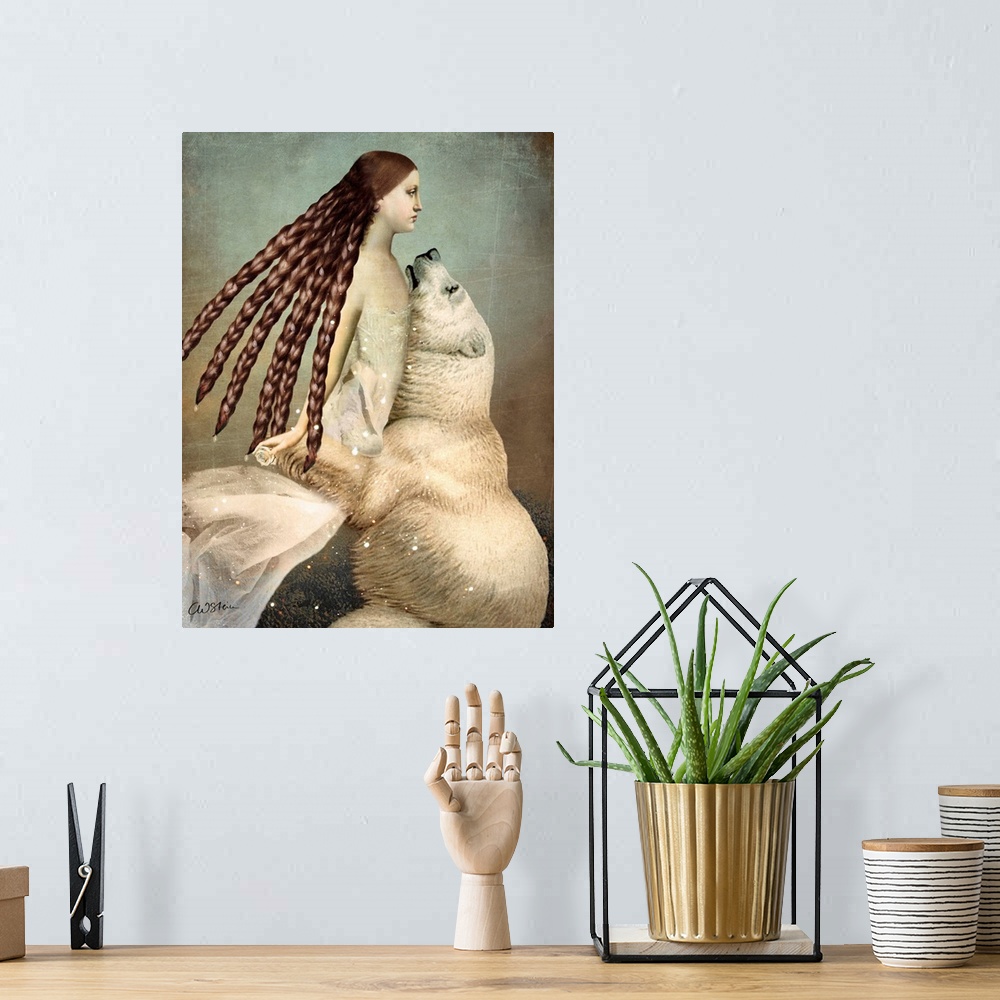 A bohemian room featuring A digital composite of a polar bear embracing a female with long hair.