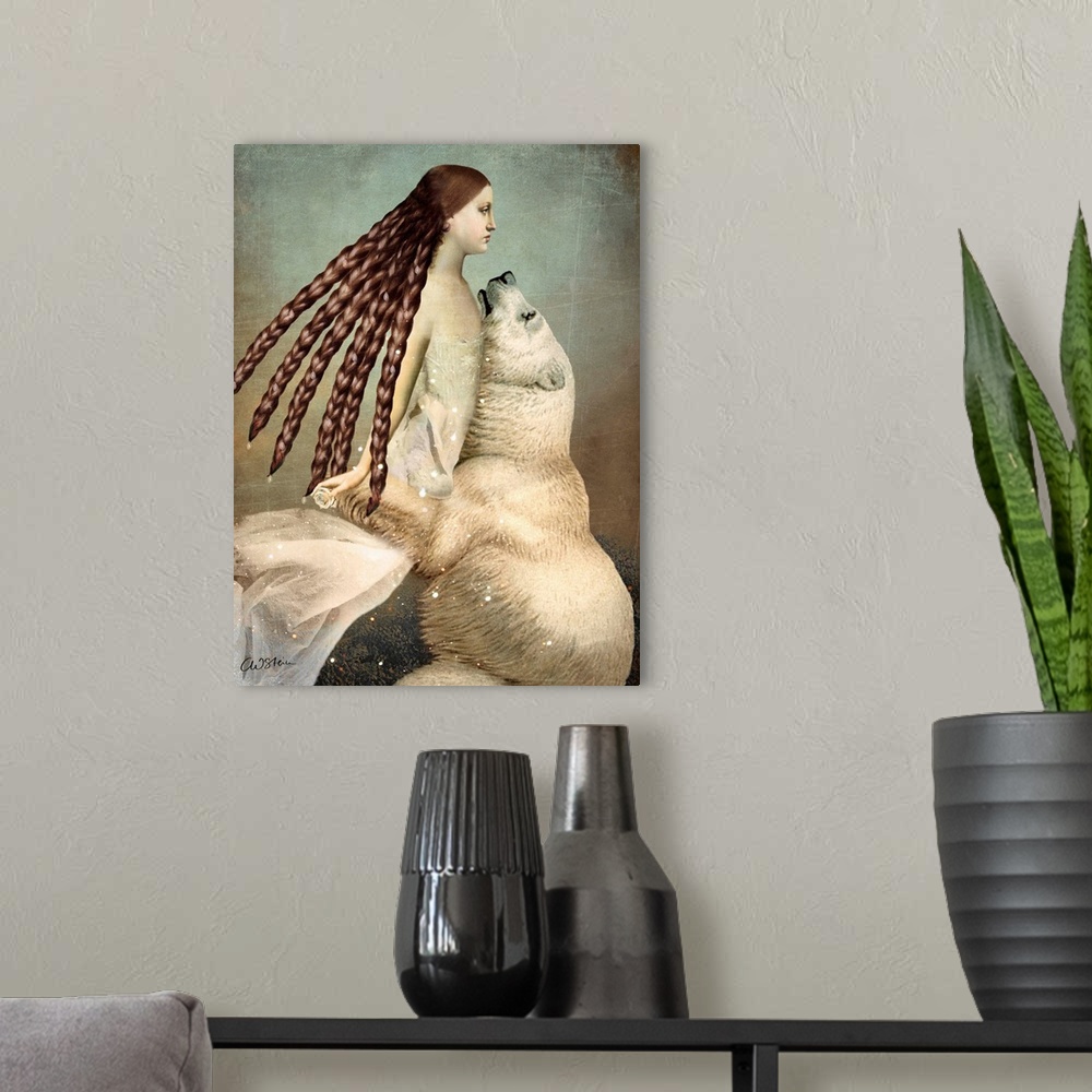 A modern room featuring A digital composite of a polar bear embracing a female with long hair.