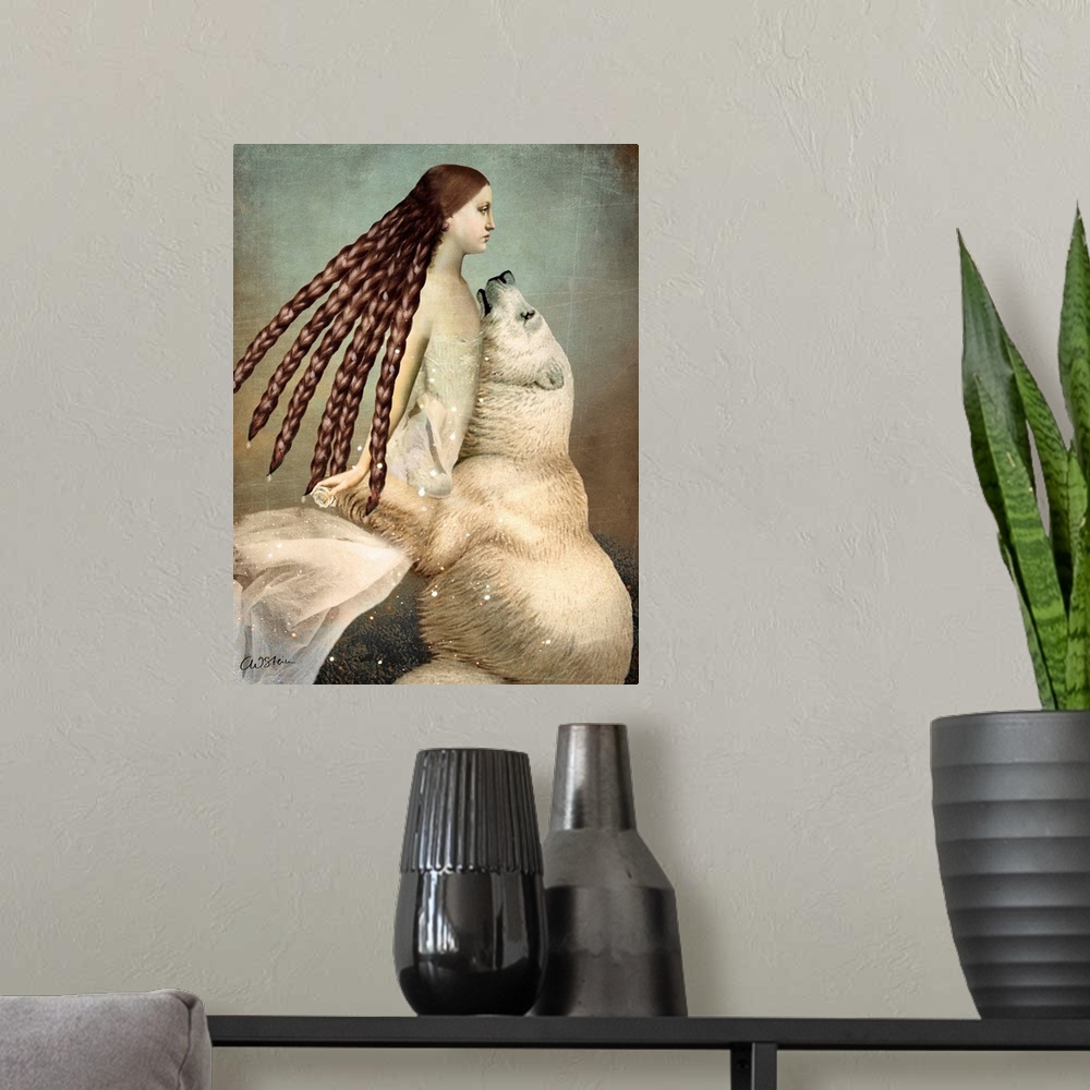 A modern room featuring A digital composite of a polar bear embracing a female with long hair.