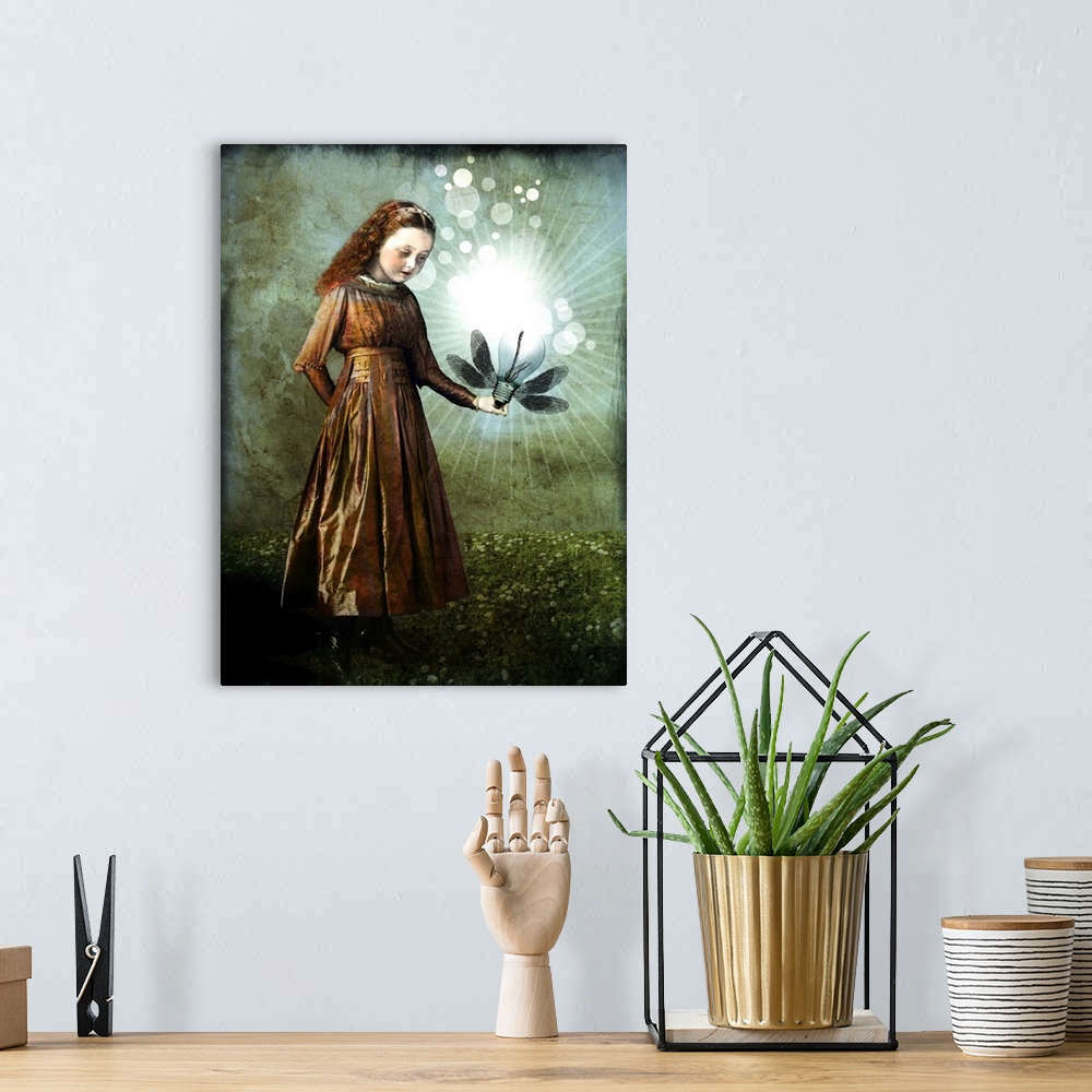 A bohemian room featuring Composite picture of a young girl holding a light bulb with wings.