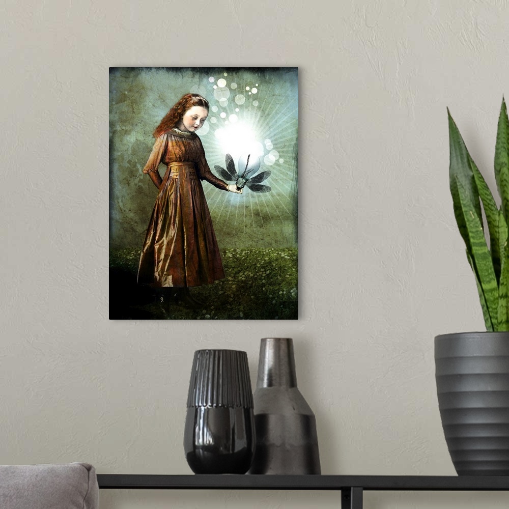 A modern room featuring Composite picture of a young girl holding a light bulb with wings.