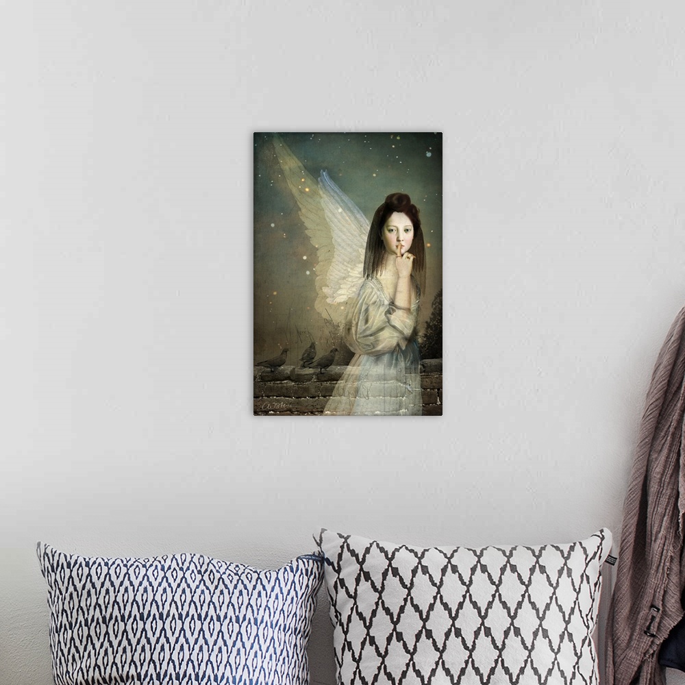 A bohemian room featuring An angel with wings is holding a finger to her mouth as she stands next to a brick wall with bird...