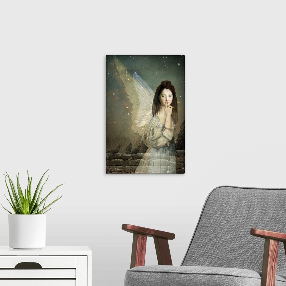 A modern room featuring An angel with wings is holding a finger to her mouth as she stands next to a brick wall with bird...