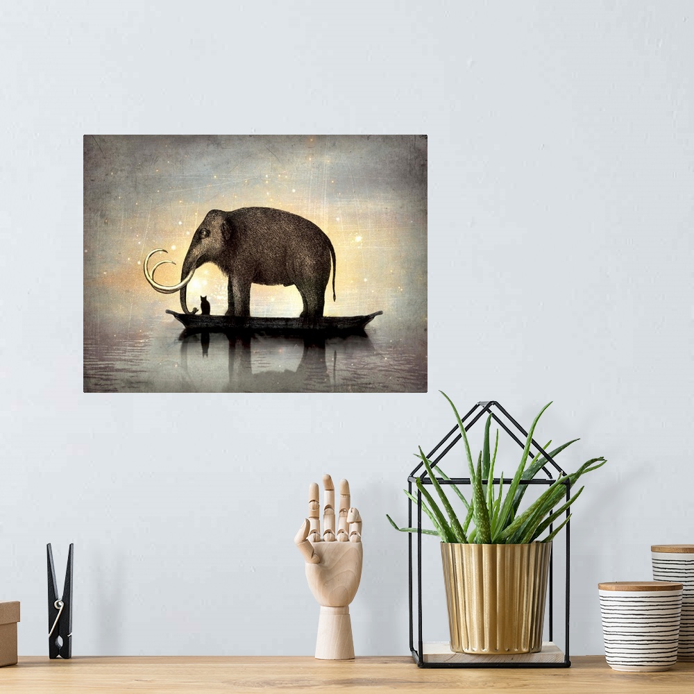 A bohemian room featuring An abstract horizontal composite of a elephant and cat floating on a boat.