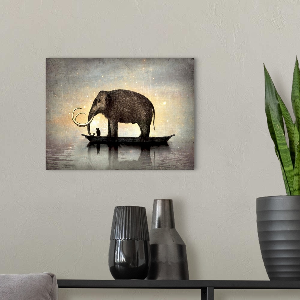 A modern room featuring An abstract horizontal composite of a elephant and cat floating on a boat.