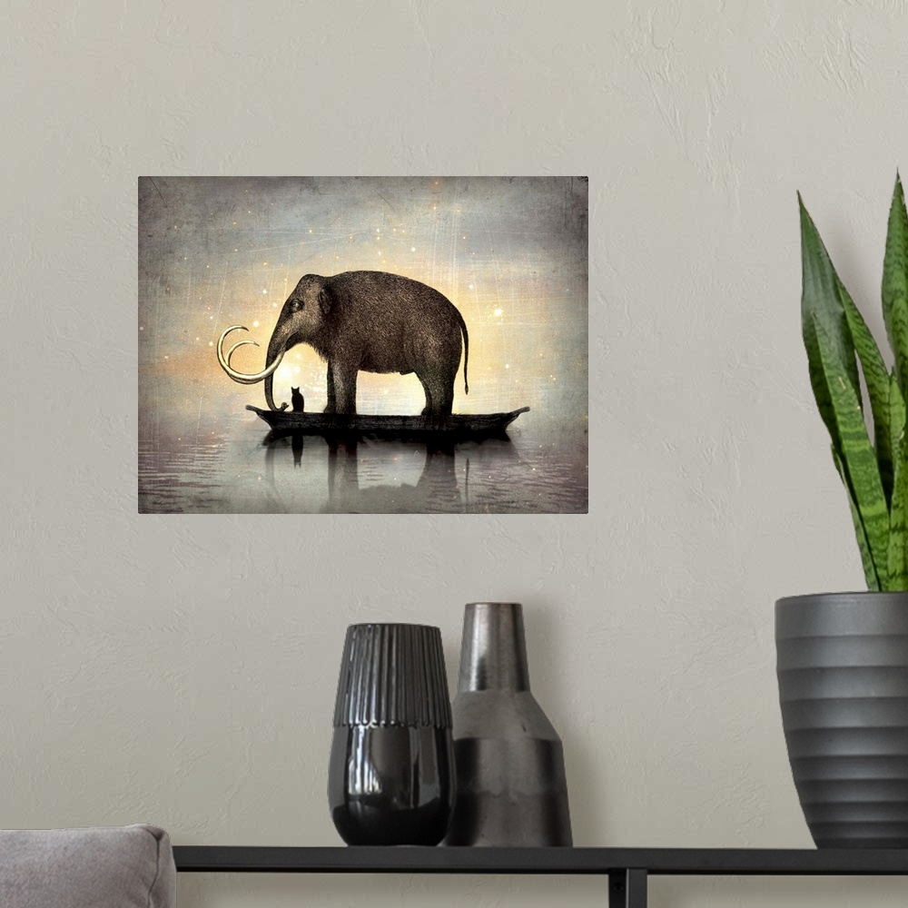 A modern room featuring An abstract horizontal composite of a elephant and cat floating on a boat.