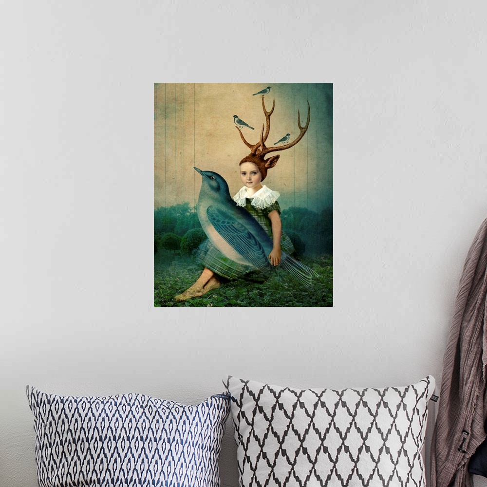 A bohemian room featuring A child with antlers holding a large blue bird in her lap.